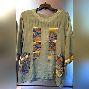 Bohabille Paris 100% Linen Popover Top Green Embroidered Boho Lagenlook LRG